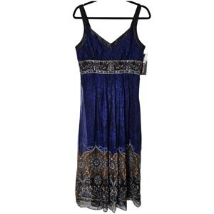 VTG Robbie Bee 10 Silk Column Maxi Dress Paisley Beaded Blue Empire Y2K‎ Fairy